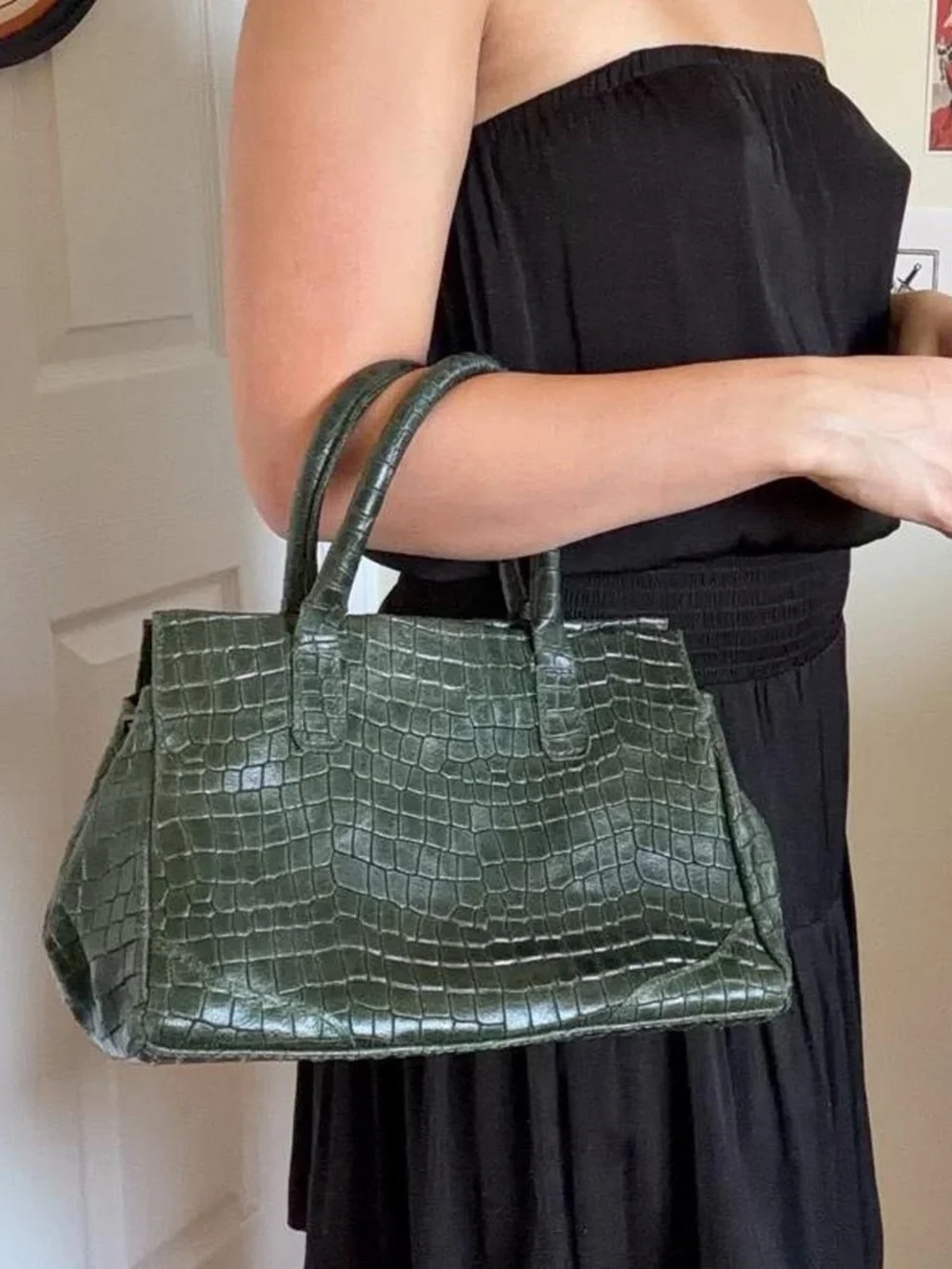 Classic Croc-Embossed Dark Green Tote Bag